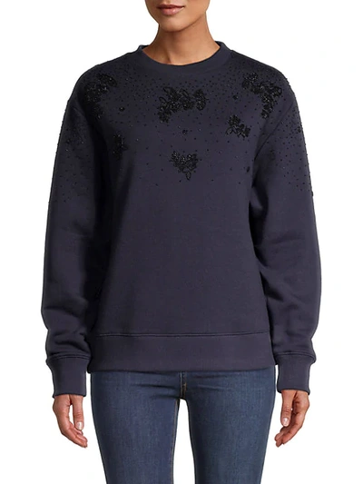 Shop Sandro Glass Bead-embellished Cotton-blend Sweatshirt In Deep Navy