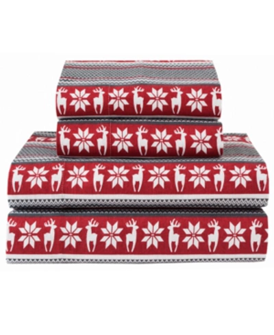 Shop Elite Home Winter Nights Cotton Flannel King Sheet Set Bedding In Deer- Red