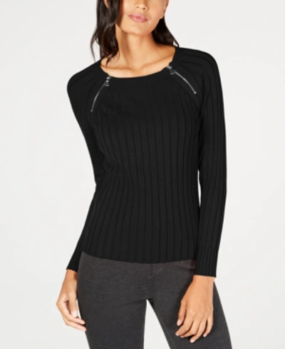 Shop Inc International Concepts Inc Zipper-detail Raglan Sleeve Sweater, Created For Macy's In Deep Black