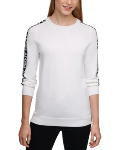 Shop Dkny Crewneck Logo-sleeve Sweater In Ivory