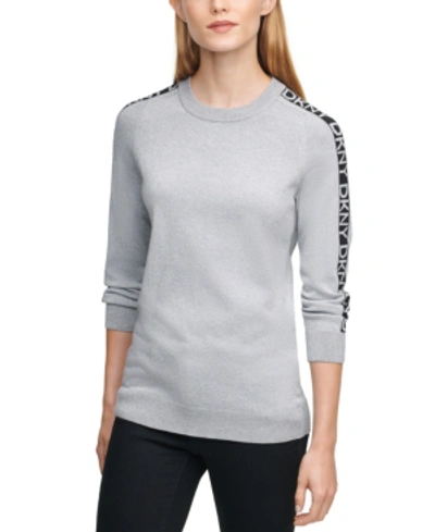 Shop Dkny Crewneck Logo-sleeve Sweater In Frost Grey