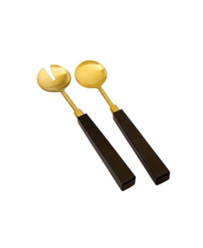 Classic Touch Set Of 2 Gold-tone Salad Servers With Black Stone Handles In Gold