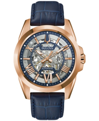 Shop Bulova Men's Automatic Classic Sutton Blue Leather Strap Watch 46mm In Rose Gold-tone