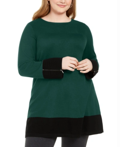 Shop Alfani Plus Size Colorblocked Ottoman Tunic Sweater, Created For Macy's In True Emerald/black