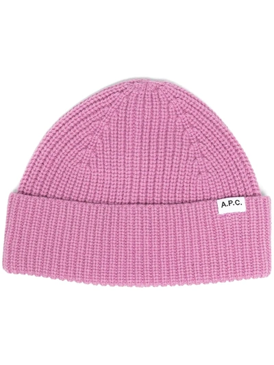 Shop Apc Logo-patch Ribbed Beanie In Pink