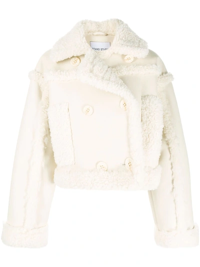 Shop Stand Studio Double Breasted Faux Shearling Jacket In Neutrals
