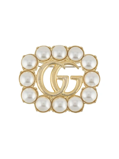 Shop Gucci Double G Pearl-embellished Brooch In Gold