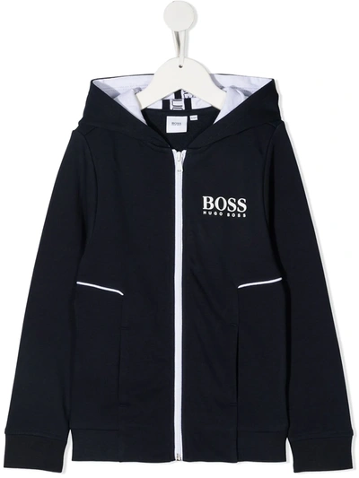 Shop Hugo Boss Logo-print Zipped Hoodie In Blue
