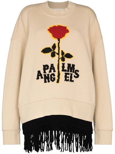 Shop Palm Angels Jacquard Rose Fringed Layered Sweatshirt In Neutrals