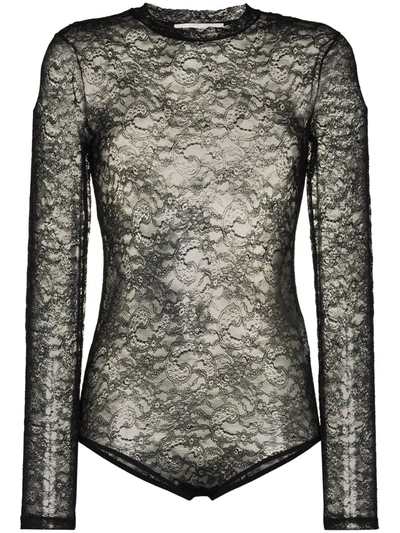 Shop Valentino Lace Long-sleeve Bodysuit In Black