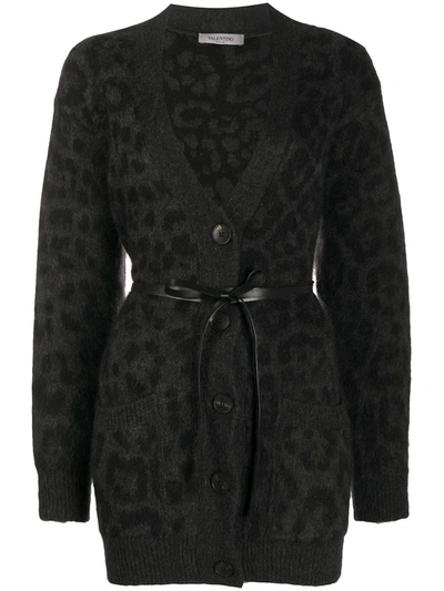 Shop Valentino Leopard Pattern Belted V-neck Cardigan In Grey