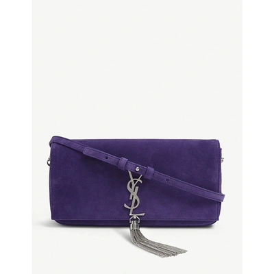 Shop Saint Laurent Kate Suede Baguette Bag In Violet Med/violet M
