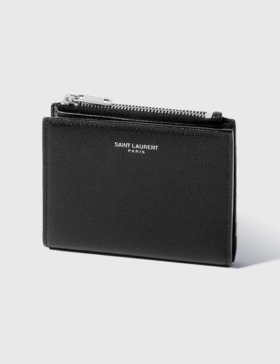 Shop Saint Laurent Grain Leather Zipped Card Holder In Black