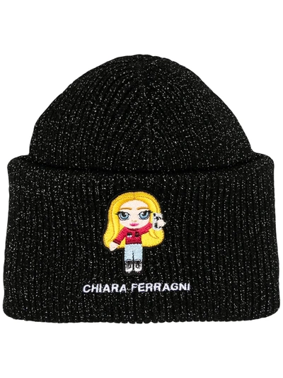 Shop Chiara Ferragni Embroidered Logo Beanie In Black