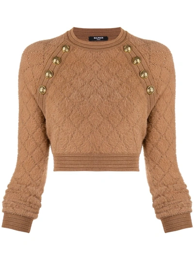 Shop Balmain Button-detail Cropped Jumper In Brown