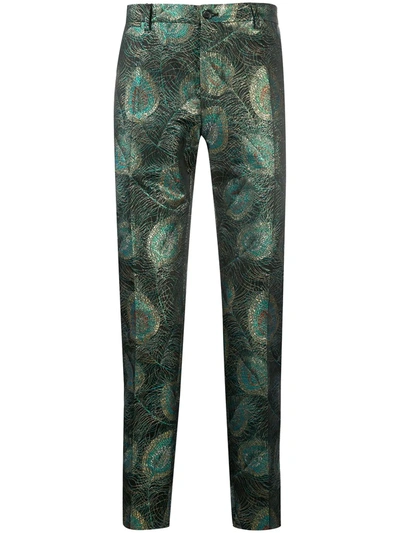 Shop Dolce & Gabbana Metallic Peacock Print Tailored Trousers In Green