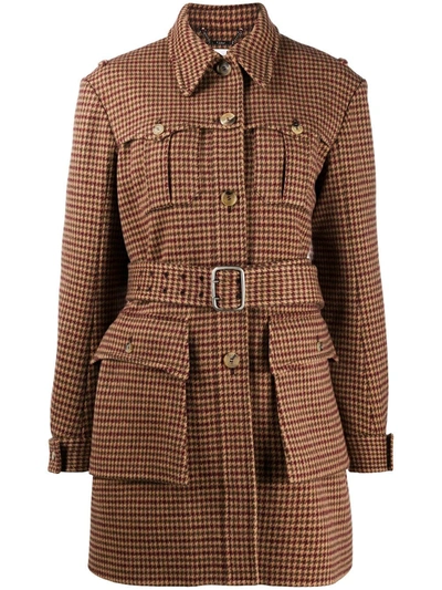 Shop Chloé Belted Houndstooth Jacket In Brown