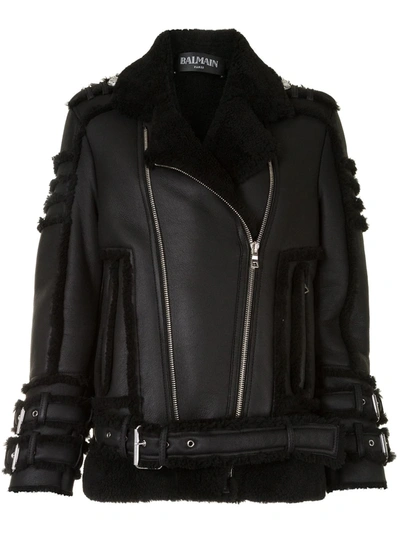 Shop Balmain Leather Biker Jacket In Black