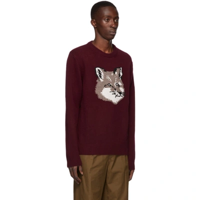 Shop Maison Kitsuné Maison Kitsune Burgundy Wool Jacquard Fox Head Sweater