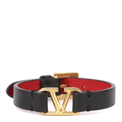 Shop Valentino Leather Bracelet With Metal Logo In Black