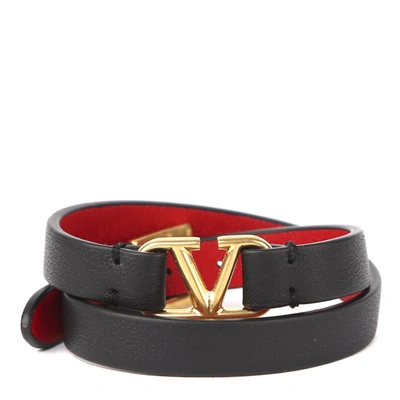 Shop Valentino Vlogo Double Leather Bracelet In Black