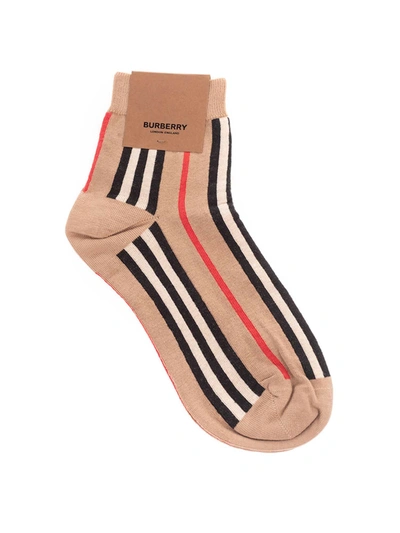 Shop Burberry Striped Socks In Beige
