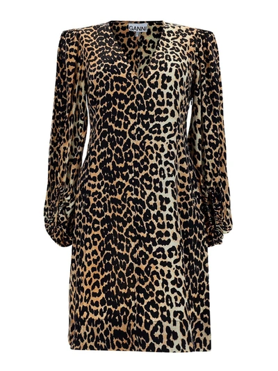 Shop Ganni Leopard Printed Silk Dress In Beige