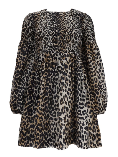 Shop Ganni Leopard Printed Cotton Silk Blend Dress In Beige