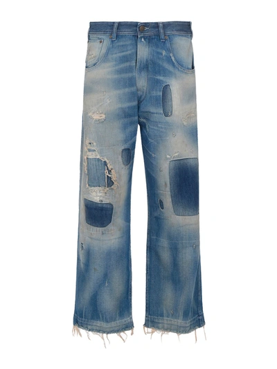 Shop Maison Margiela Destroyed Details Flared Jeans In Medium Wash