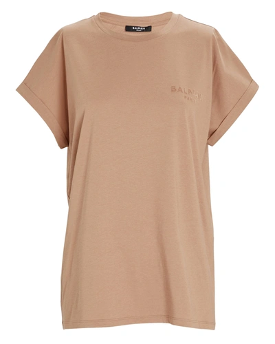 Shop Balmain Flocked Logo T-shirt In Beige