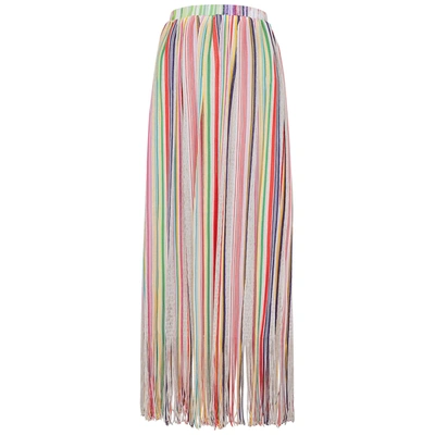 Shop Missoni Striped Fringed Fine-knit Maxi Skirt In Multicoloured