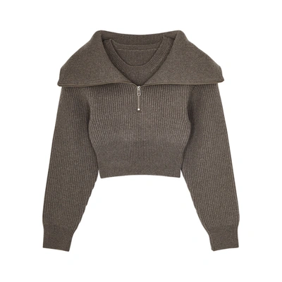 Shop Jacquemus La Mille Risoul Taupe Cropped Merino Wool Jumper In Brown