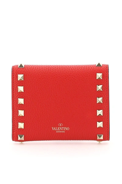 Shop Valentino Garavani Rockstud Tri-fold French Wallet In Rouge Pur