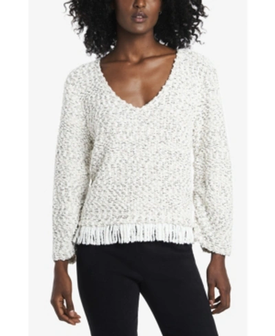 Shop Vince Camuto Women's Ruched Sleeve Boucle Fringe Pullover In Ivory