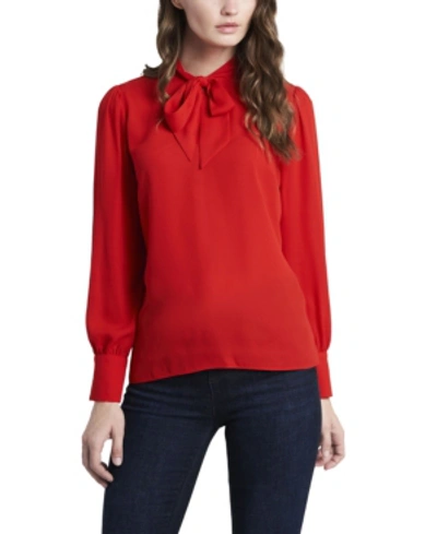Shop Vince Camuto Women's Long Sleeve Tie Neck Blouse In Spiced Red