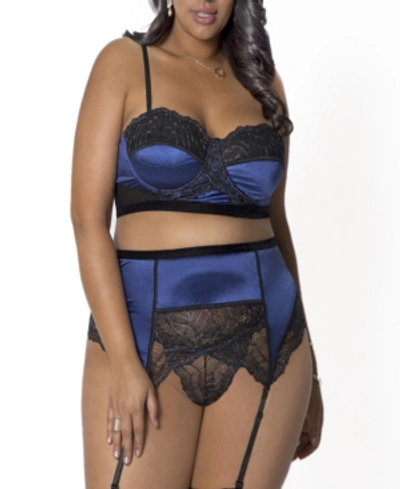 Shop Icollection Women's Plus Size Bustier, Garter & Panty 3pc Lingerie Set In Blue