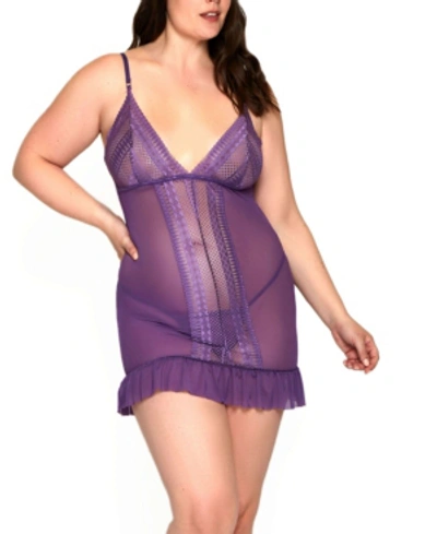 Shop Icollection Women's Plus Size Jacquard Lace And Mesh Chemise With Matching Panty In Purple