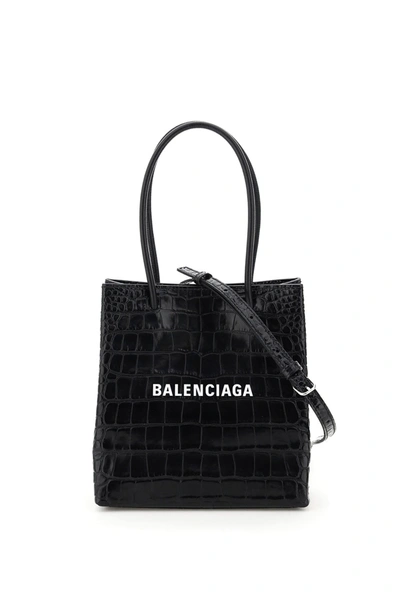 Shop Balenciaga North South Xxs Logo Crocodile Print Shopping Bag In Black