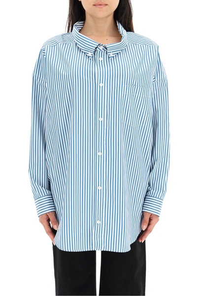 Shop Balenciaga Maxi Swing Shirt With Logo In Petrol Blue White