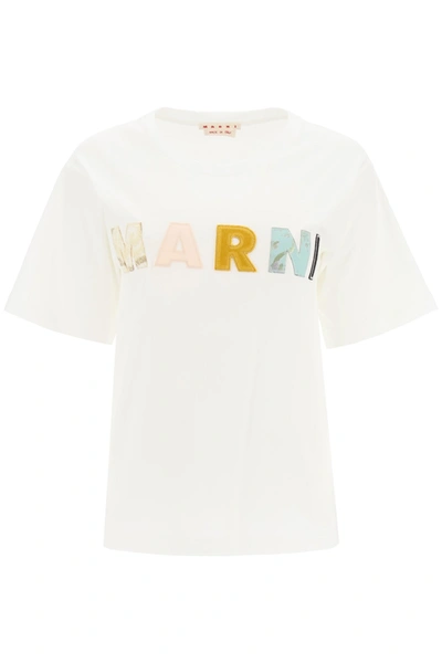 Shop Marni Patchwork Logo Embroidered T-shirt In Lily White