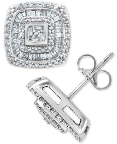 Shop Macy's Diamond Baguette Halo Cluster Stud Earrings (1 Ct. T.w.) In 14k White Gold