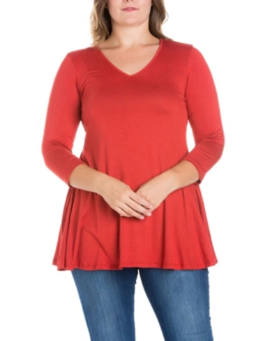 24seven Comfort Apparel Plus Size 3/4 Sleeve V-neck Tunic Top In Rust