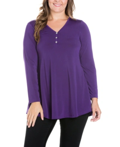 Shop 24seven Comfort Apparel Women's Plus Size Flared Long Sleeves Henley Tunic Top In Purple