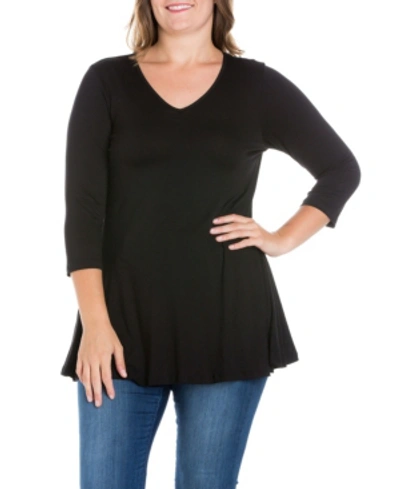 24seven Comfort Apparel Plus Size 3/4 Sleeve V-neck Tunic Top In Black