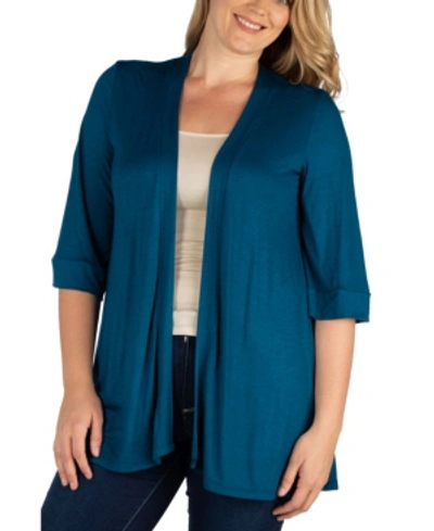 24seven Comfort Apparel Open Front Elbow Length Sleeve Plus Size Cardigan In Teal