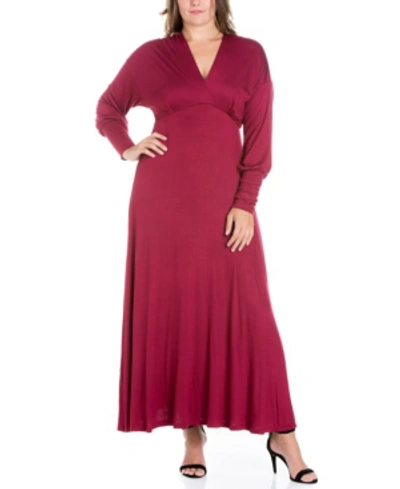24seven Comfort Apparel Plus Size V-neck Long Sleeve Maxi Dress In Wine