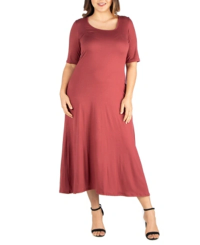 Shop 24seven Comfort Apparel Plus Size Elbow Length Sleeve Maxi Dress In Brick