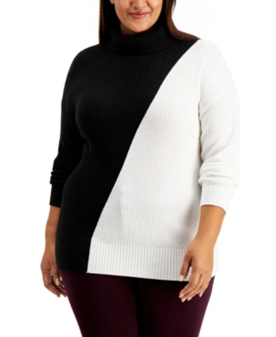 Shop Alfani Plus Size Colorblock Turtleneck Sweater, Created For Macy's In Deep Black