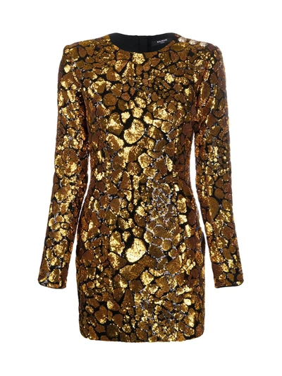 Shop Balmain Short Ls Sequined Giraffe Pattern Dress In Ead Noir Or