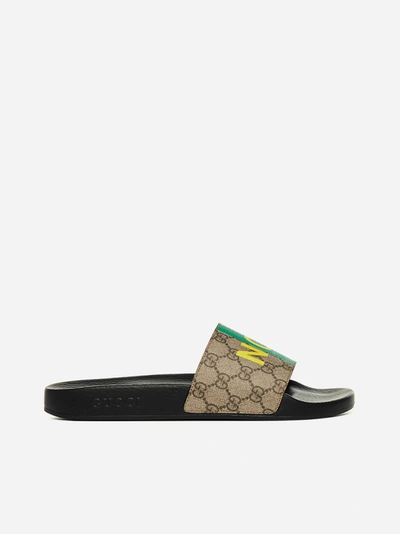 Shop Gucci Fake/not Gg Fabric And Rubber Slides In Beige - Black